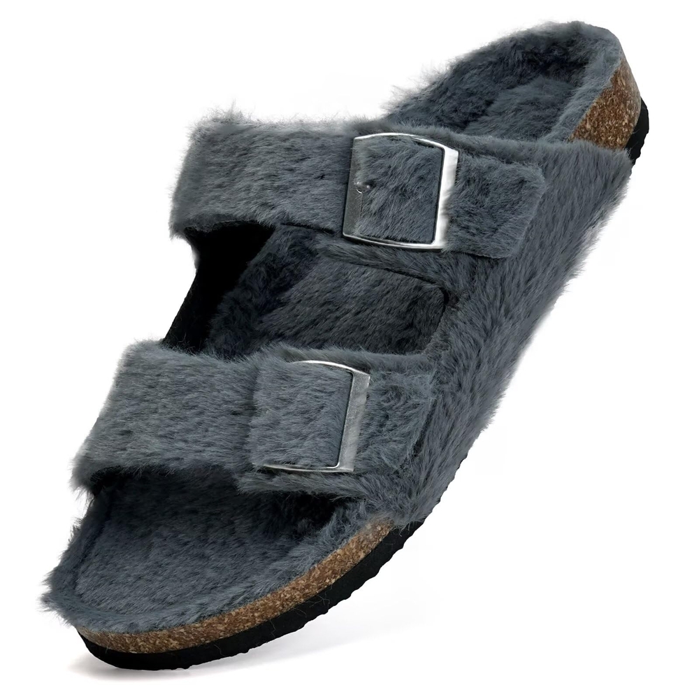Plush Gray Furry Slippers for Women
